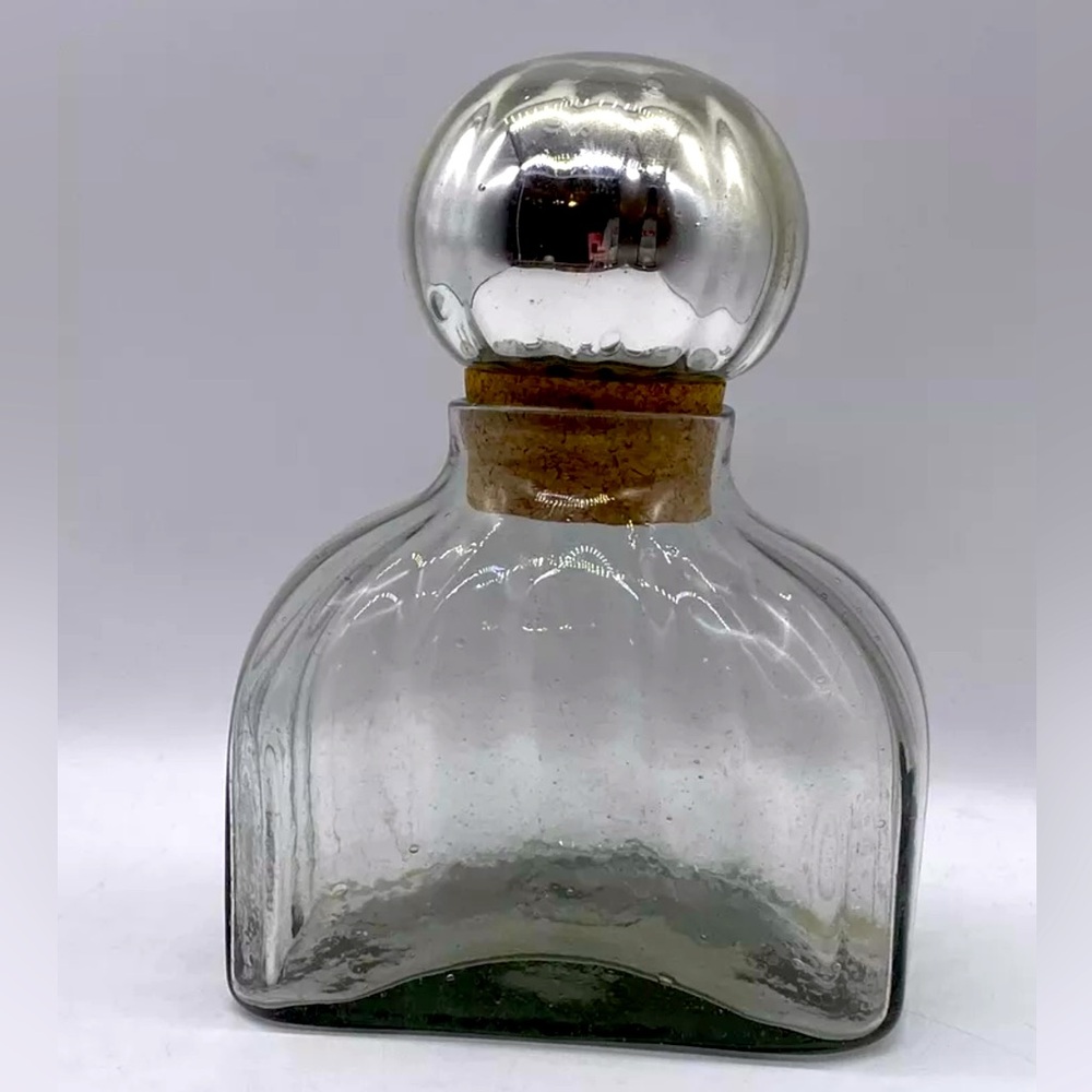 1980's Mexican Hand Blown Glass Decanter with Mercury Glass Sphere Stopper MINT!